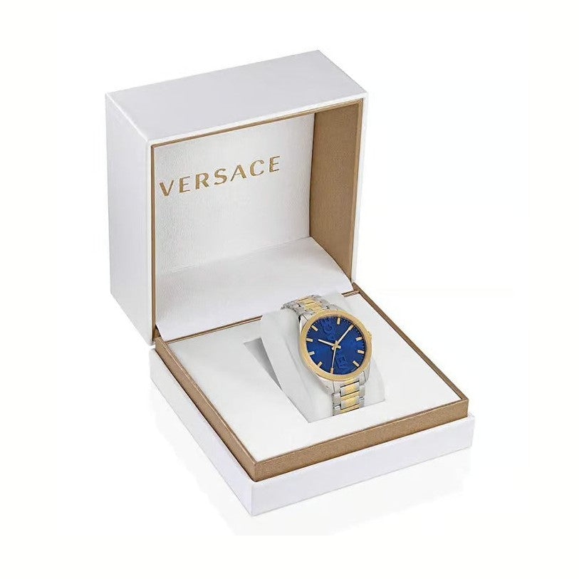 Versace V-Vertical Men's Quartz Blue Dial Analog Two-Tone Stainless Steel Watch VE3H00422
