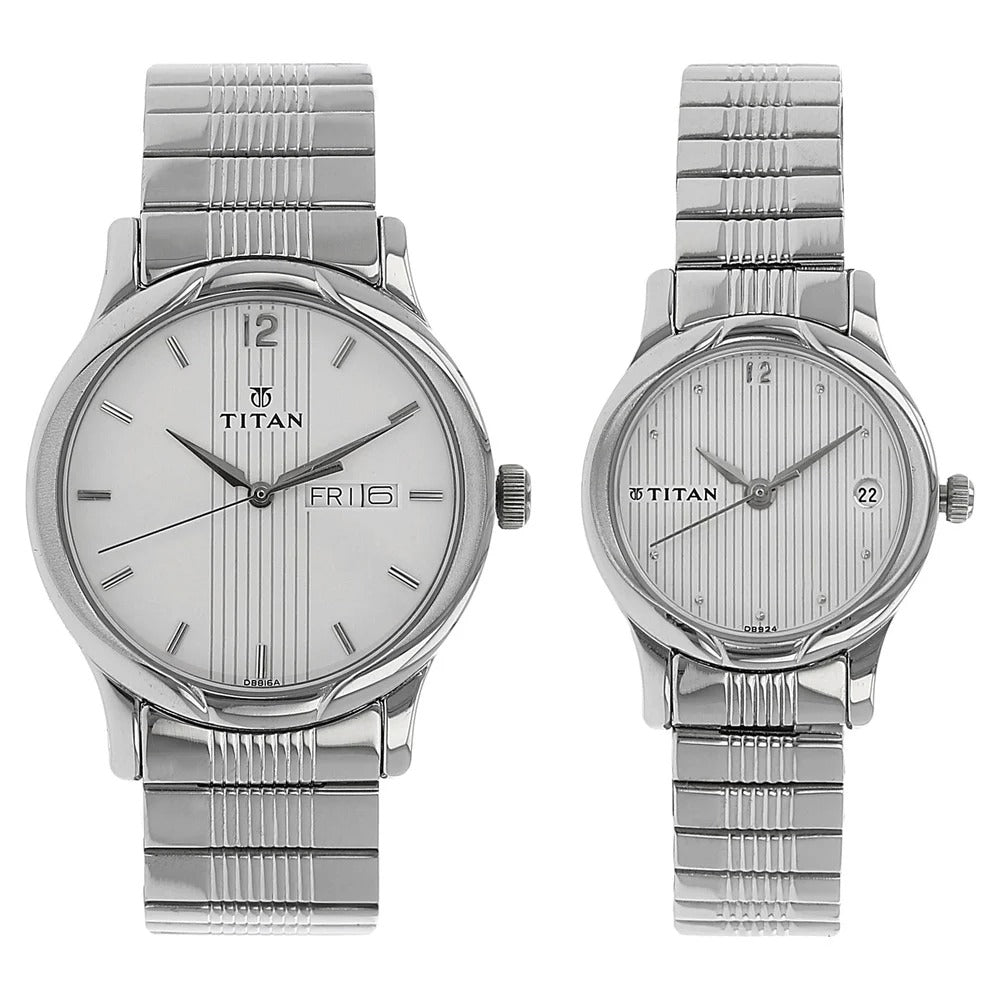 Titan Quartz Analog with Day and Date Silver Dial Stainless Steel Strap Watch for Couple - NU15802490SM03
