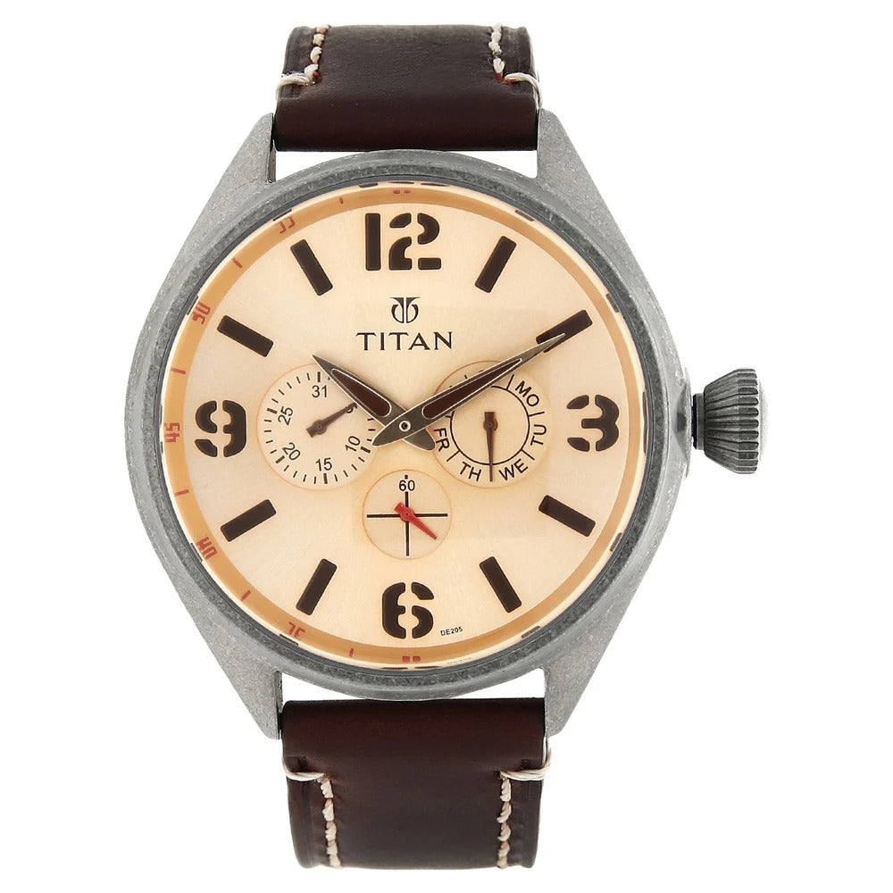Titan Analog with Date Rose Gold Dial Leather Strap watch for Men - 9478QL04J