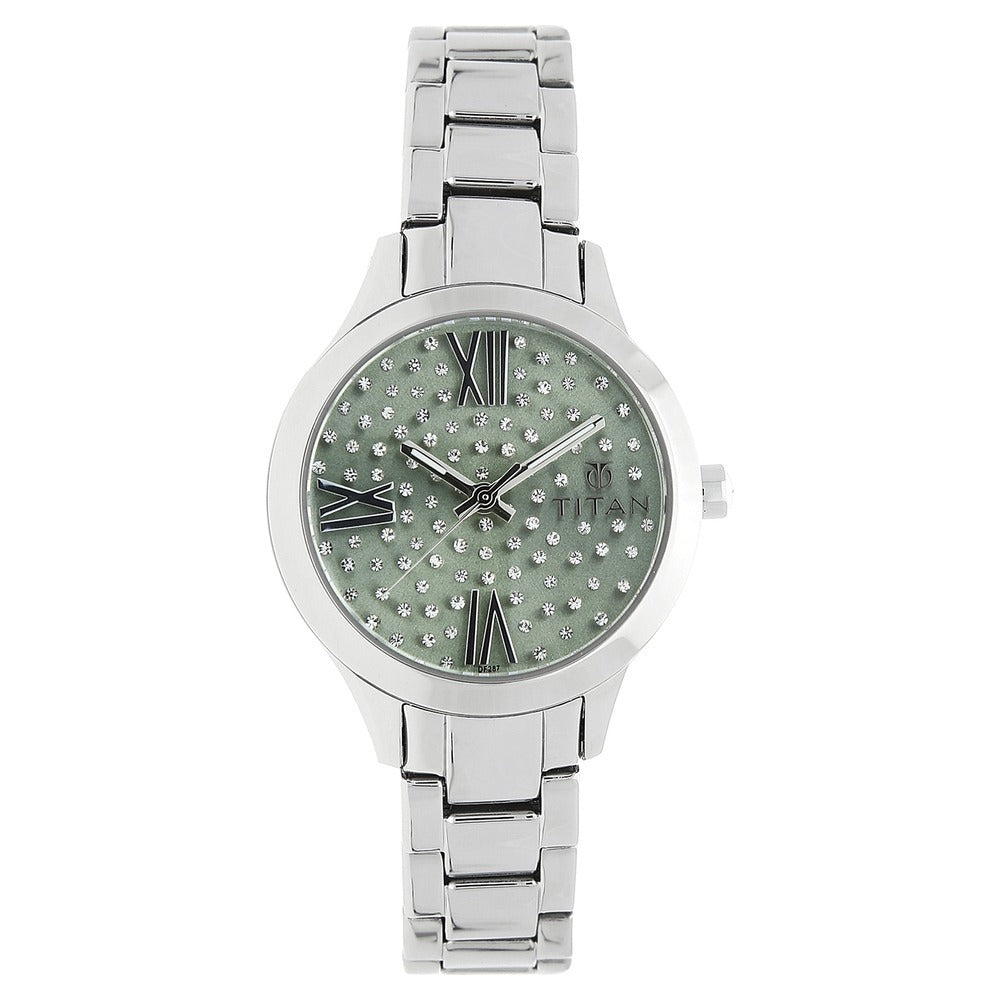 Titan Quartz Analog Green Dial Stainless Steel Strap Watch for Women - 95027SM03J