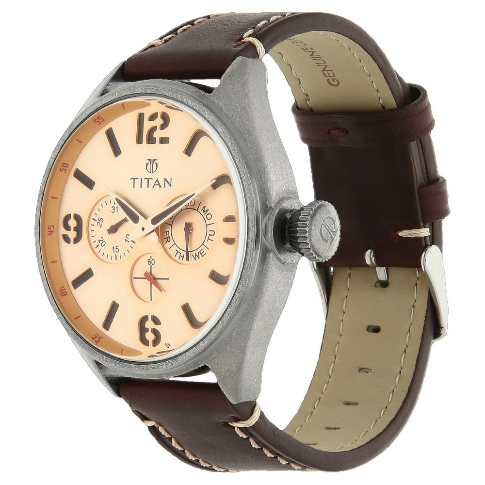 Titan Quartz Analog with Day and Date Champagne Dial Leather Strap Watch for Couple - NU15802490YL05
