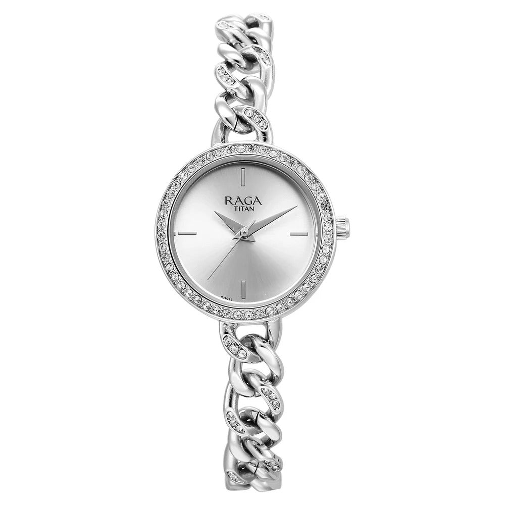 Titan Raga Showstopper Quartz Analog Silver Dial Metal Strap Watch for Women - 95288SM01W