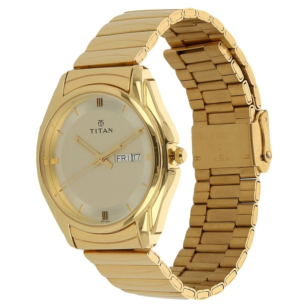 Titan Quartz Analog with Day and Date Champagne Dial Golden Stainless Steel Strap Watch For Men - NU1578YM05