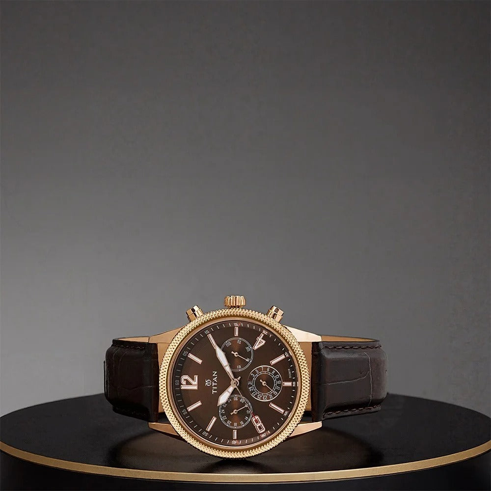 Titan Men's Metropolitan Luxe: Multifunction brown Dial with leather Strap - NU1734WL01