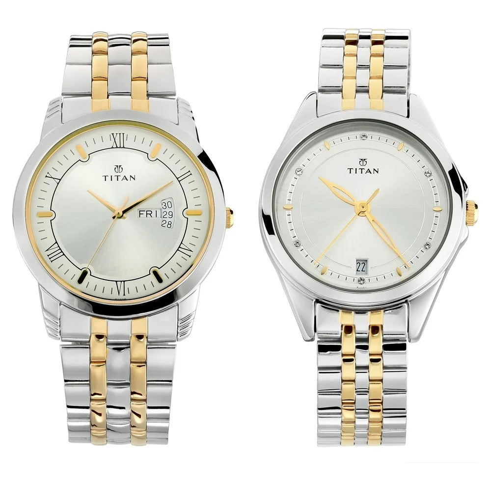 Titan Bandhan Quartz Analog with Day and Date Silver Dial Stainless Steel Strap Watch for Couple - NU17742565BM01