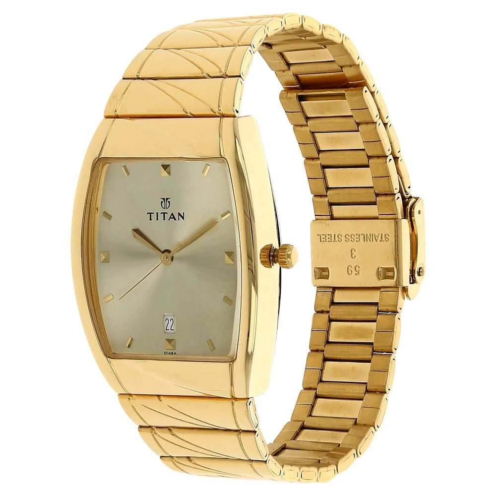 Titan Rectangle Champagne Dial Analog with Date Stainless Steel Strap watch for Men - NU9315YM02