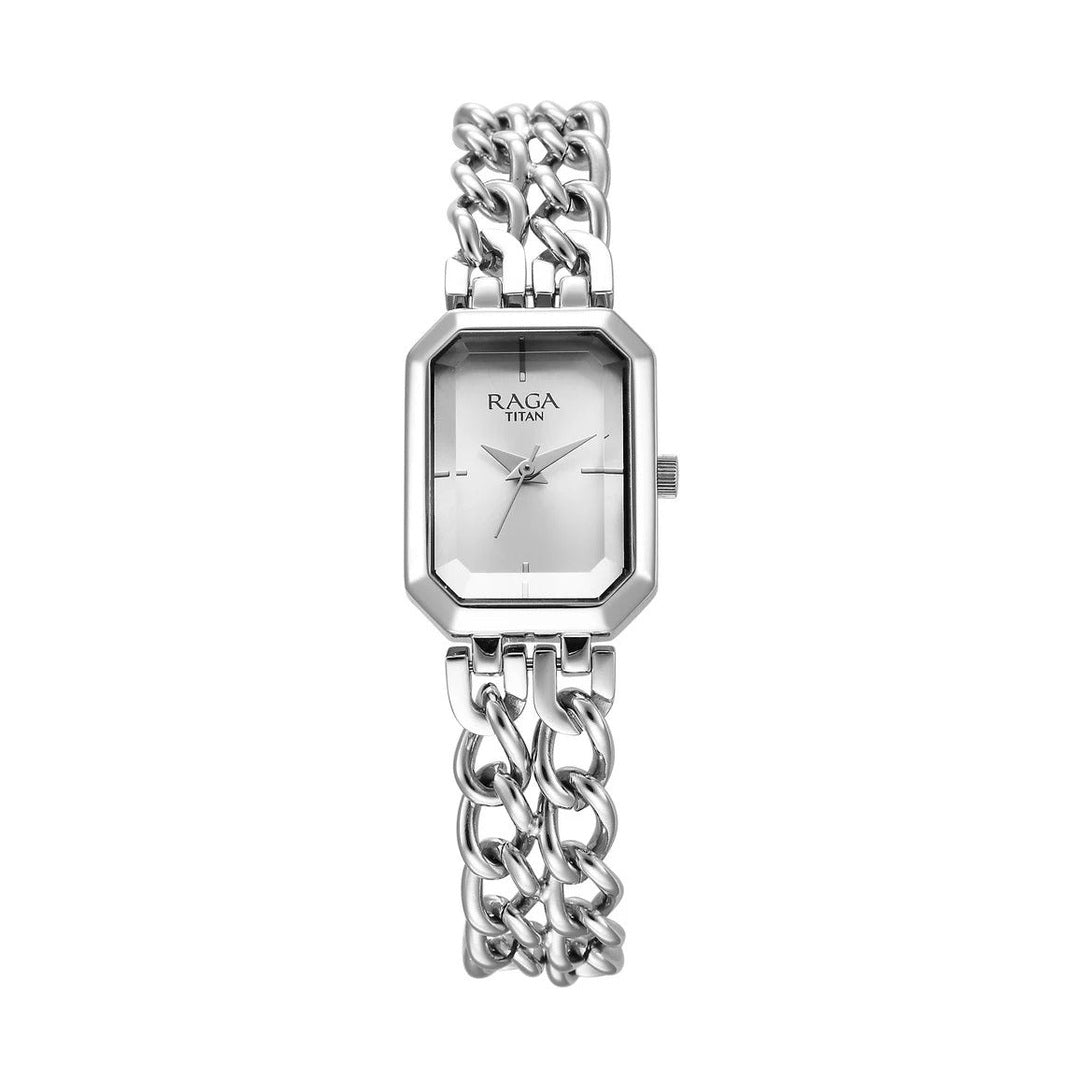 Titan Raga Showstopper Quartz Analog Silver Dial Silver Metal Strap Rectangular Shaped Watch For Women - NU95283SM01
