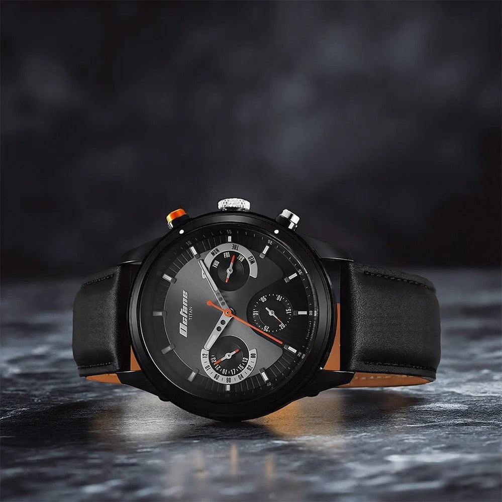 Titan Octane Quartz Multifunction Black Dial With Black Leather Strap Watch For Men - NU1805KL02