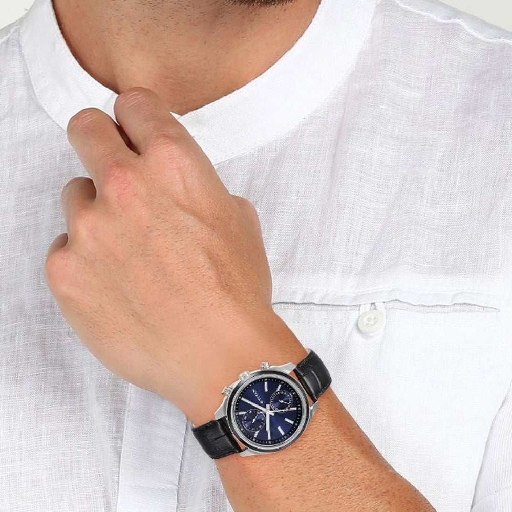 Titan Men's Midnight Precision: Multifunction Blue Dial with Classic Leather Strap Watch - NU1733KL01