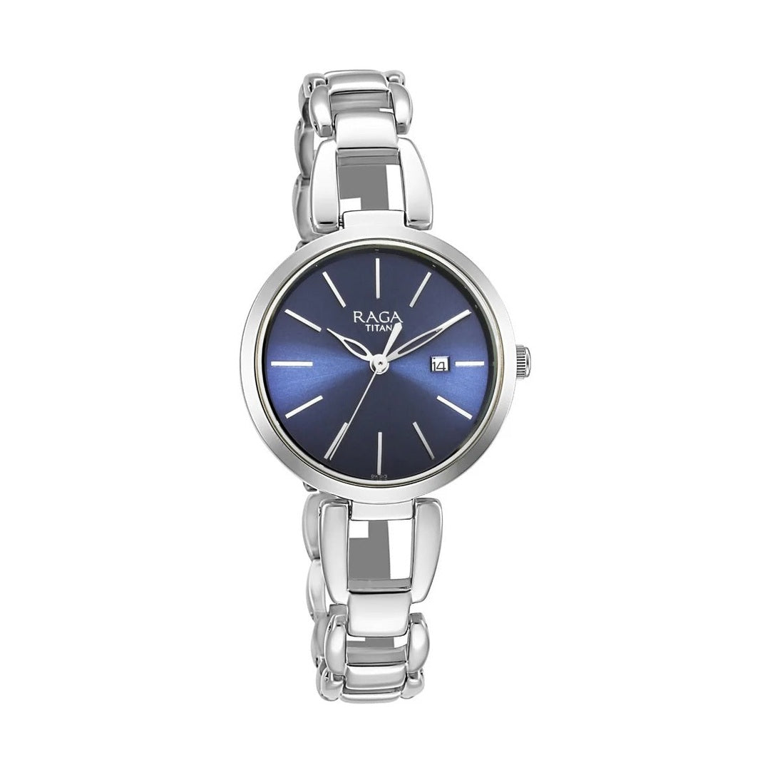 Titan Raga Viva Blue Dial Analog with Date Silver Metal Strap Watch for Women - NU2642SM02