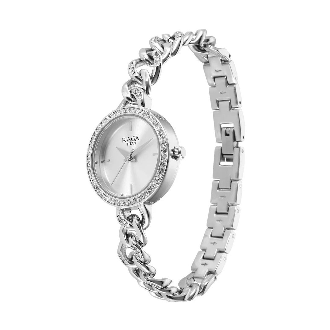 Titan Raga Showstopper Quartz Analog Silver Dial Metal Strap Watch for Women - 95288SM01W