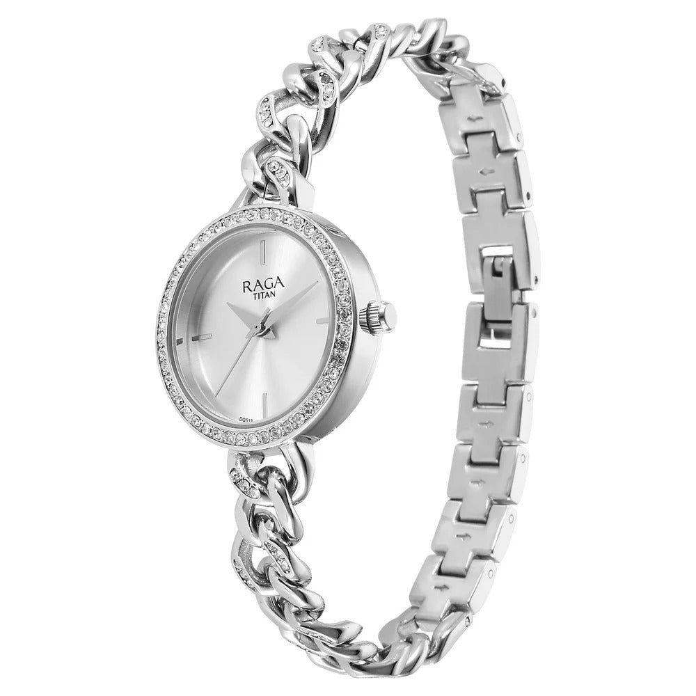 Titan Raga Showstopper Quartz Analog Silver Dial Metal Strap Watch for Women - 95288SM01W