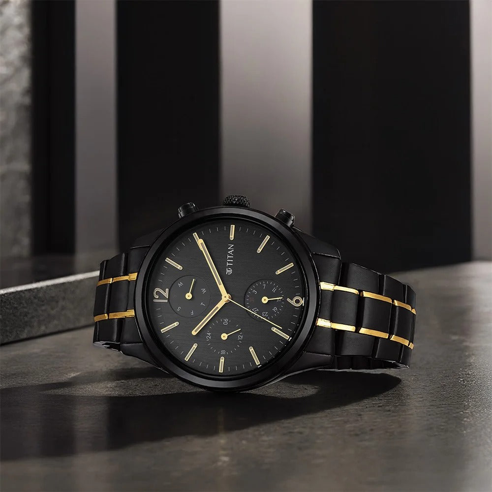 Titan Black and Gold Anthracite Dial Analog Stainless Steel Strap watch for Men - NU1805KM03