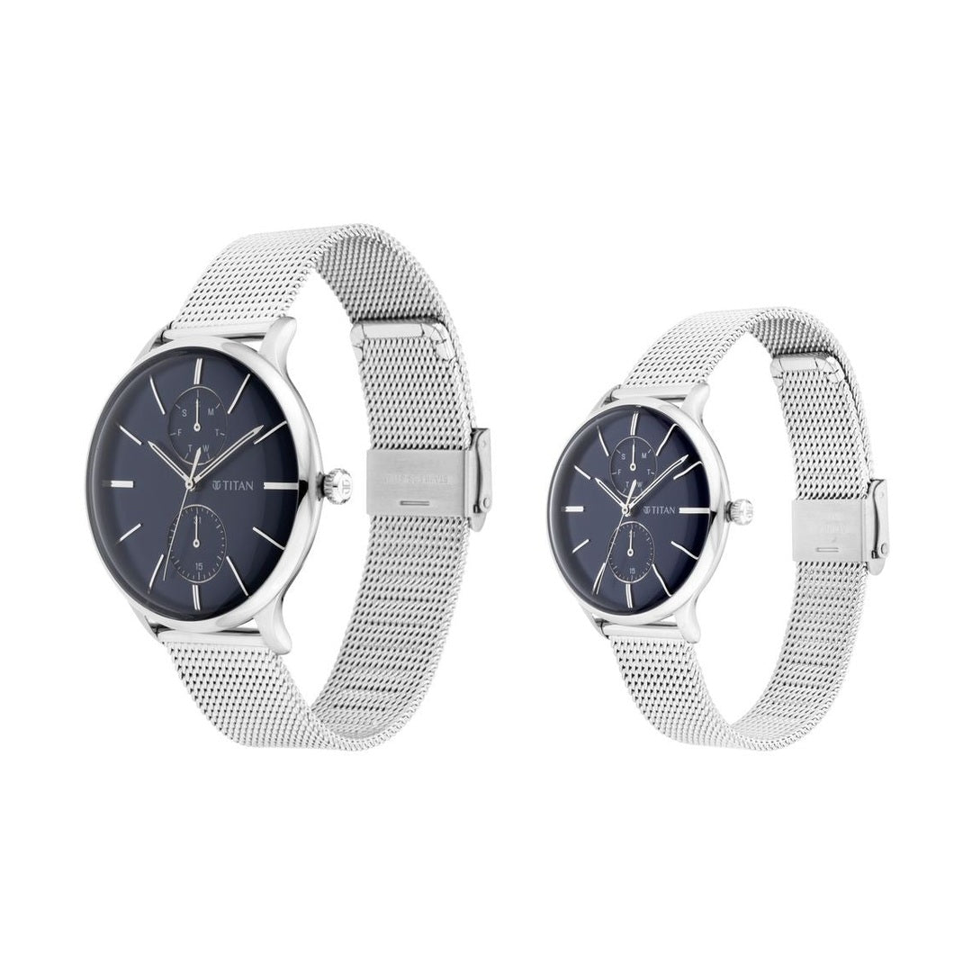 Titan Quartz Multifunction Blue Dial Stainless Steel Strap Watch for Couple - NP9400394203SM01P