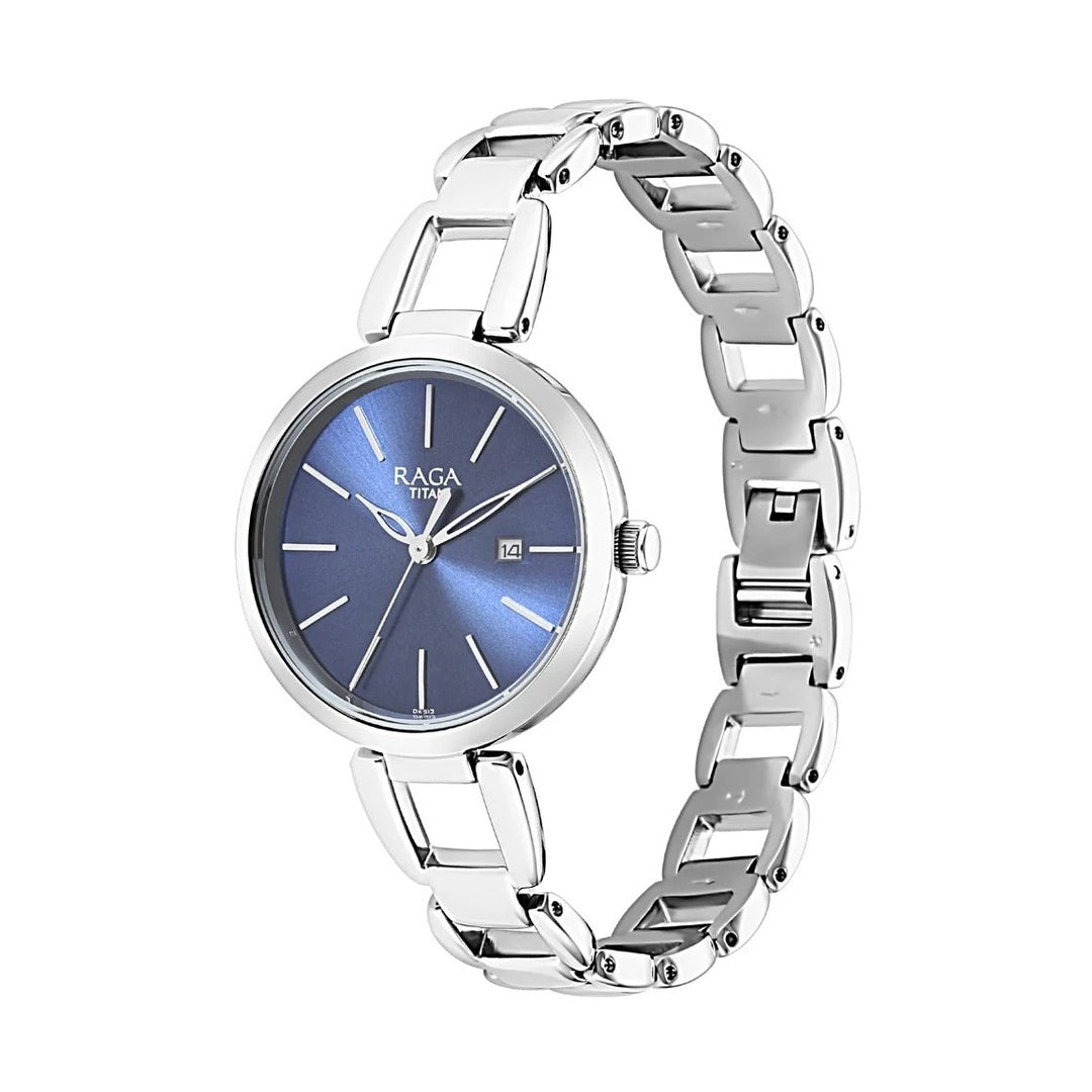 Titan Raga Viva Blue Dial Analog with Date Silver Metal Strap Watch for Women - NU2642SM02