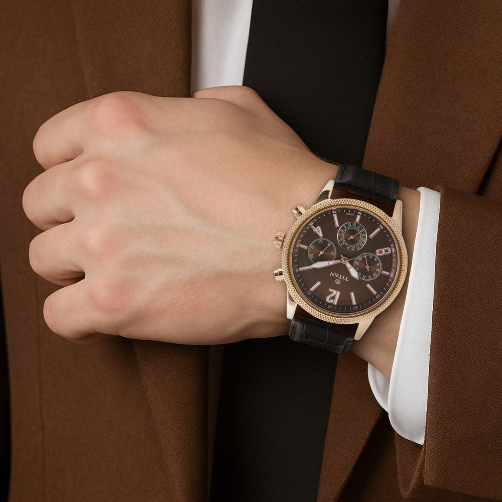 Titan Men's Metropolitan Luxe: Multifunction brown Dial with leather Strap - NU1734WL01
