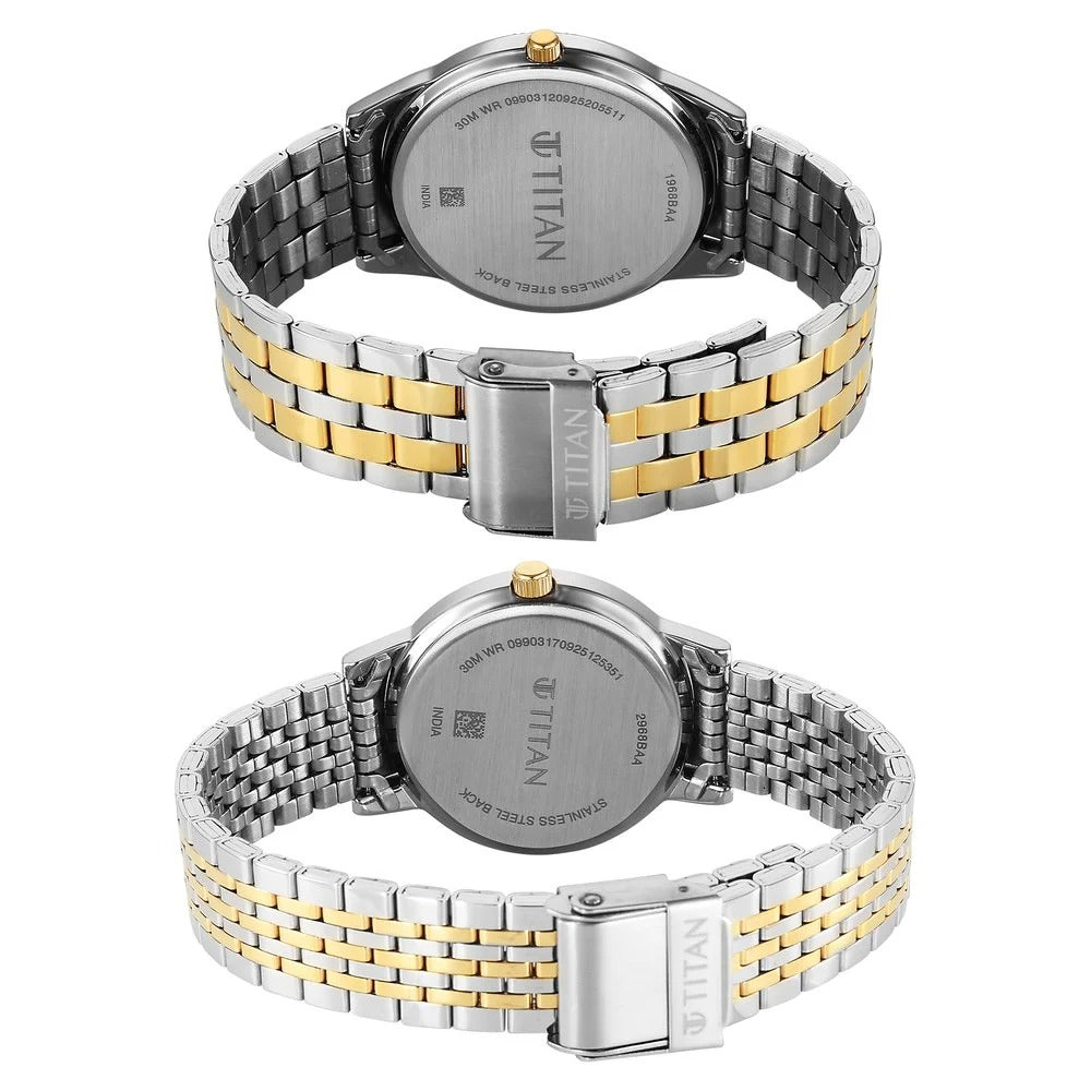 Titan Bandhan Eternal Pair Analog with Date and Gun Dial Dual Tone Stainless Steel Strap Watch for Couples - 19682968BM01