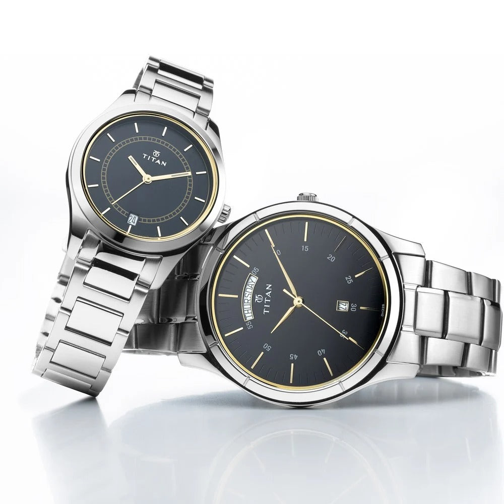 Titan Bandhan Blue Dial Analog with Day and Date Stainless Steel Strap watch for Couple - NU17672596SM01