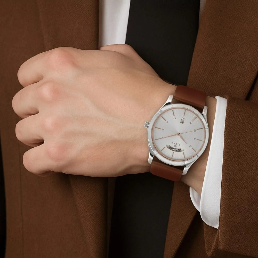 Titan On Trend White Dial Analog with Day and Date Leather Strap watch for Men - NU1767SL01