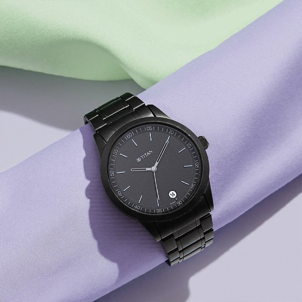 Titan Minimals Quartz Analog with Date Black Dial Black Metal Strap Watch For Men - NU1806NM01