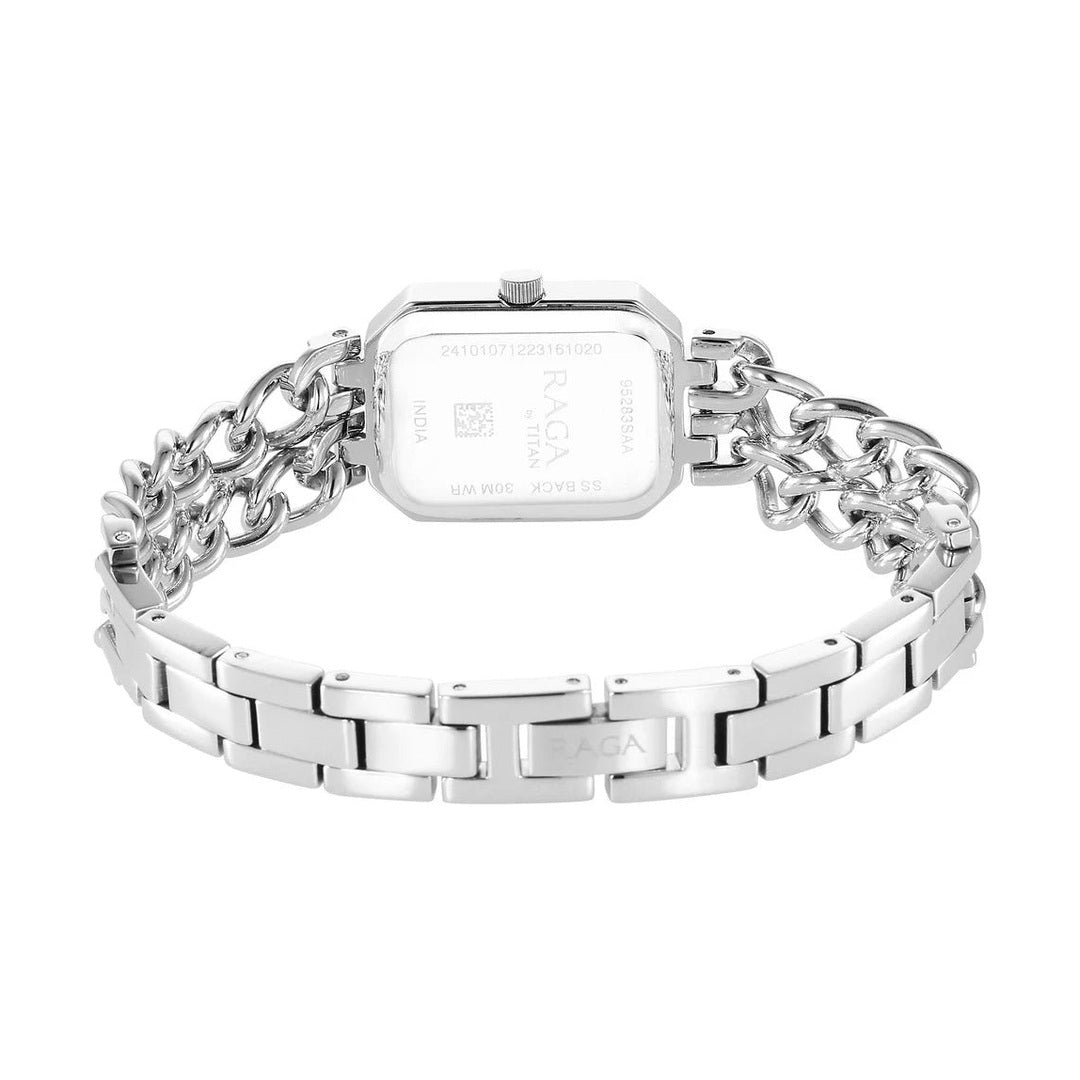 Titan Raga Showstopper Quartz Analog Silver Dial Silver Metal Strap Rectangular Shaped Watch For Women - NU95283SM01