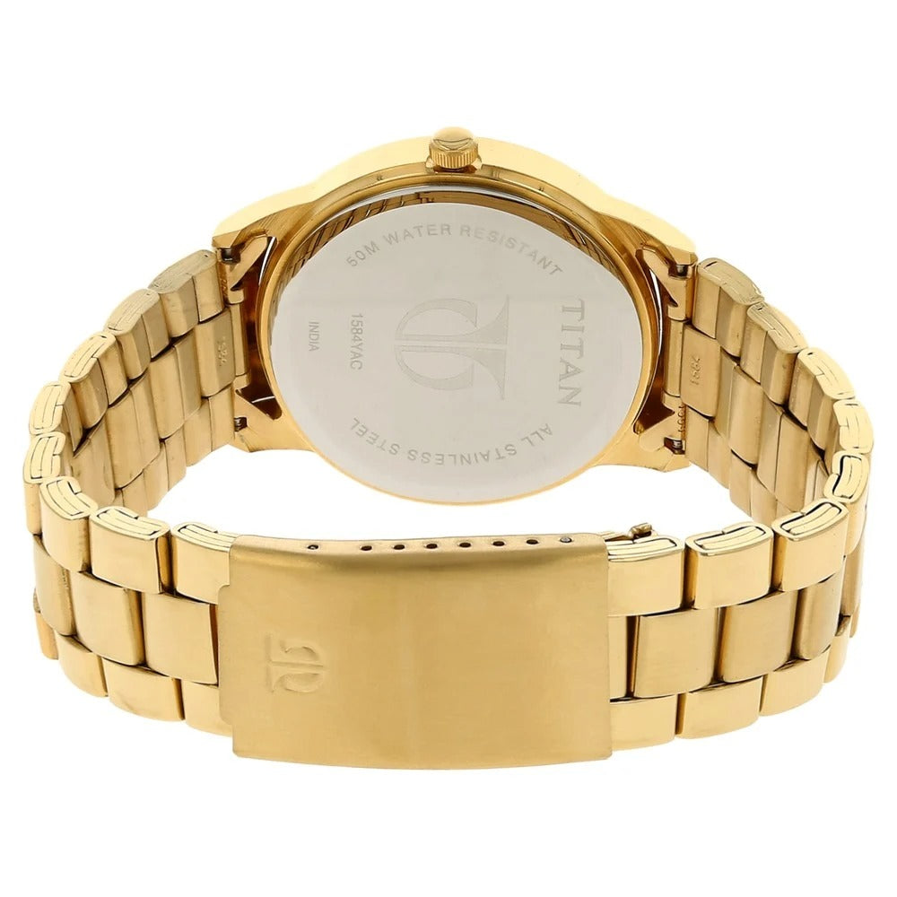 Titan Quartz Analog with Day and Date Silver Round Dial Golden Stainless Steel Strap Watch For Men - NU1584YM02