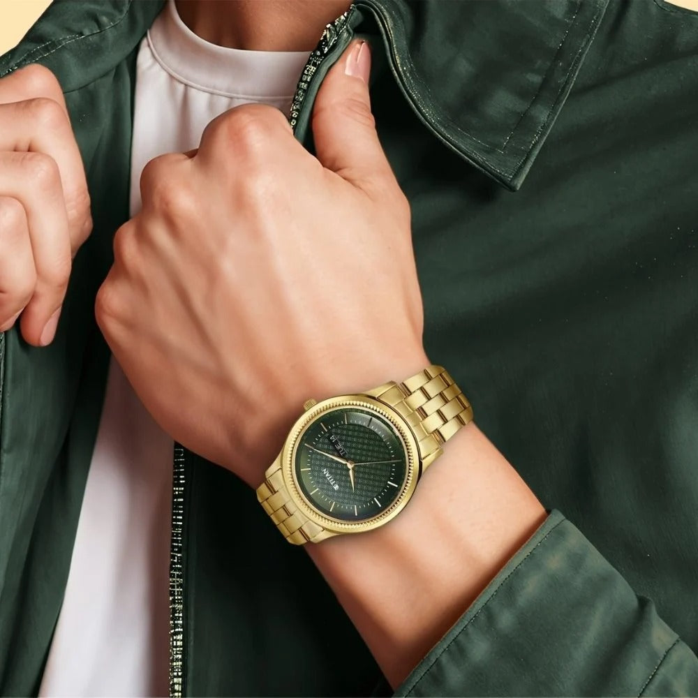 Titan Karishma Quartz Analog with Day and Date Green Dial Stainless Steel Strap Watch For Men - NU1824YM02