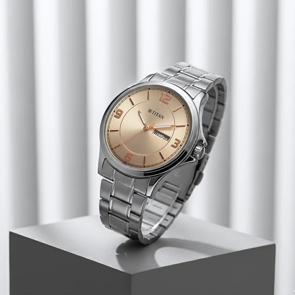 Titan Neo Arabic Analog with Day Date Beige Dial Silver Stainless Steel Strap Watch for Men - 1870SM06