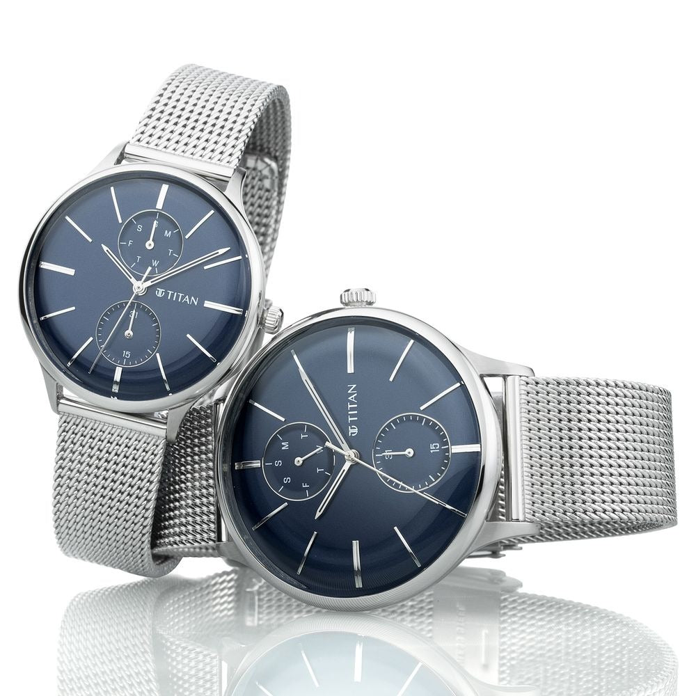 Titan Quartz Multifunction Blue Dial Stainless Steel Strap Watch for Couple - NP9400394203SM01P