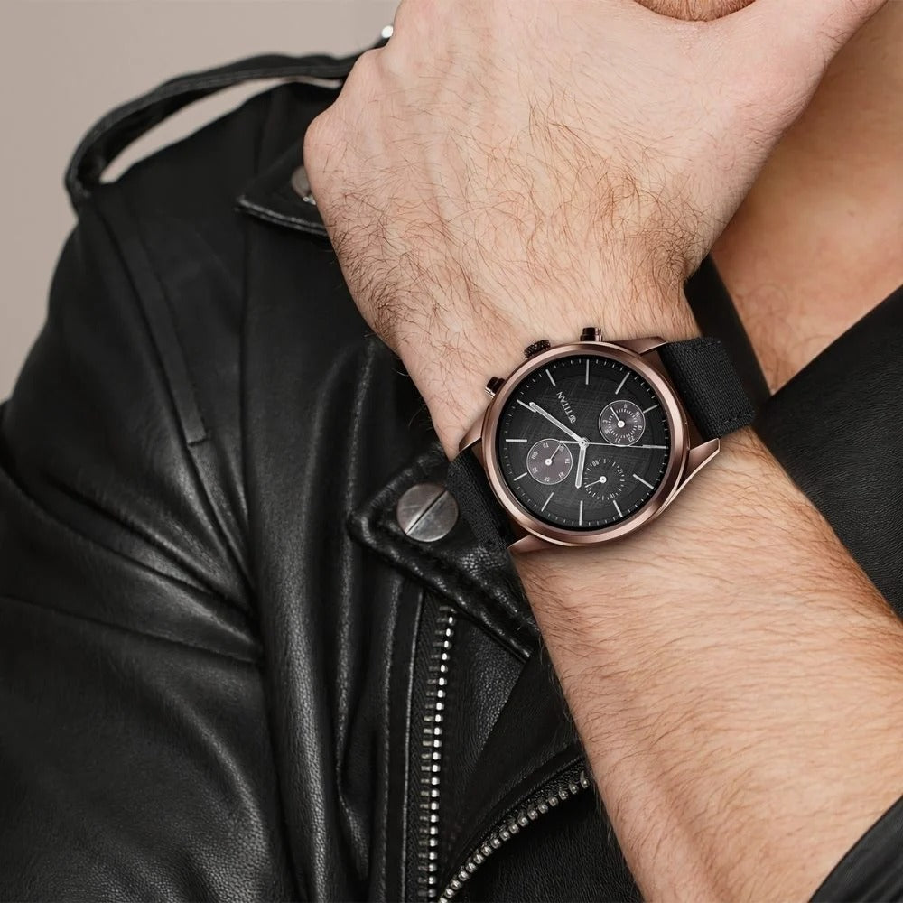 Titan Men's Infinity Chrono watch: Precise Blue Dial, Rose Gold Highlights, Durable Leather Strap - NU1805QP01