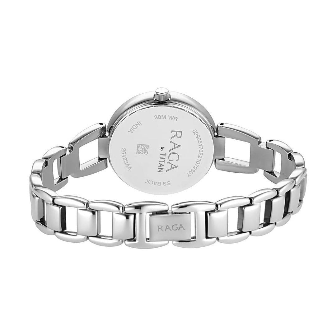 Titan Raga Viva Blue Dial Analog with Date Silver Metal Strap Watch for Women - NU2642SM02