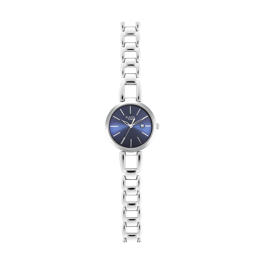 Titan Raga Viva Blue Dial Analog with Date Silver Metal Strap Watch for Women - NU2642SM02
