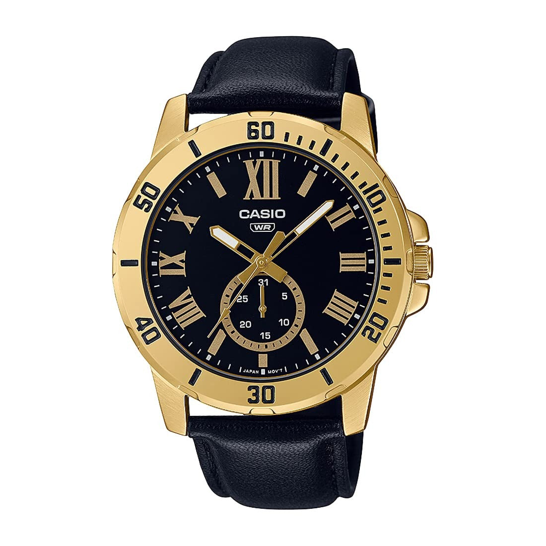 Casio Enticer Analog Black Dial Gold Stainless Steel Case Black Leather Strap Men's Watch MTP-VD200GL-1BUDF