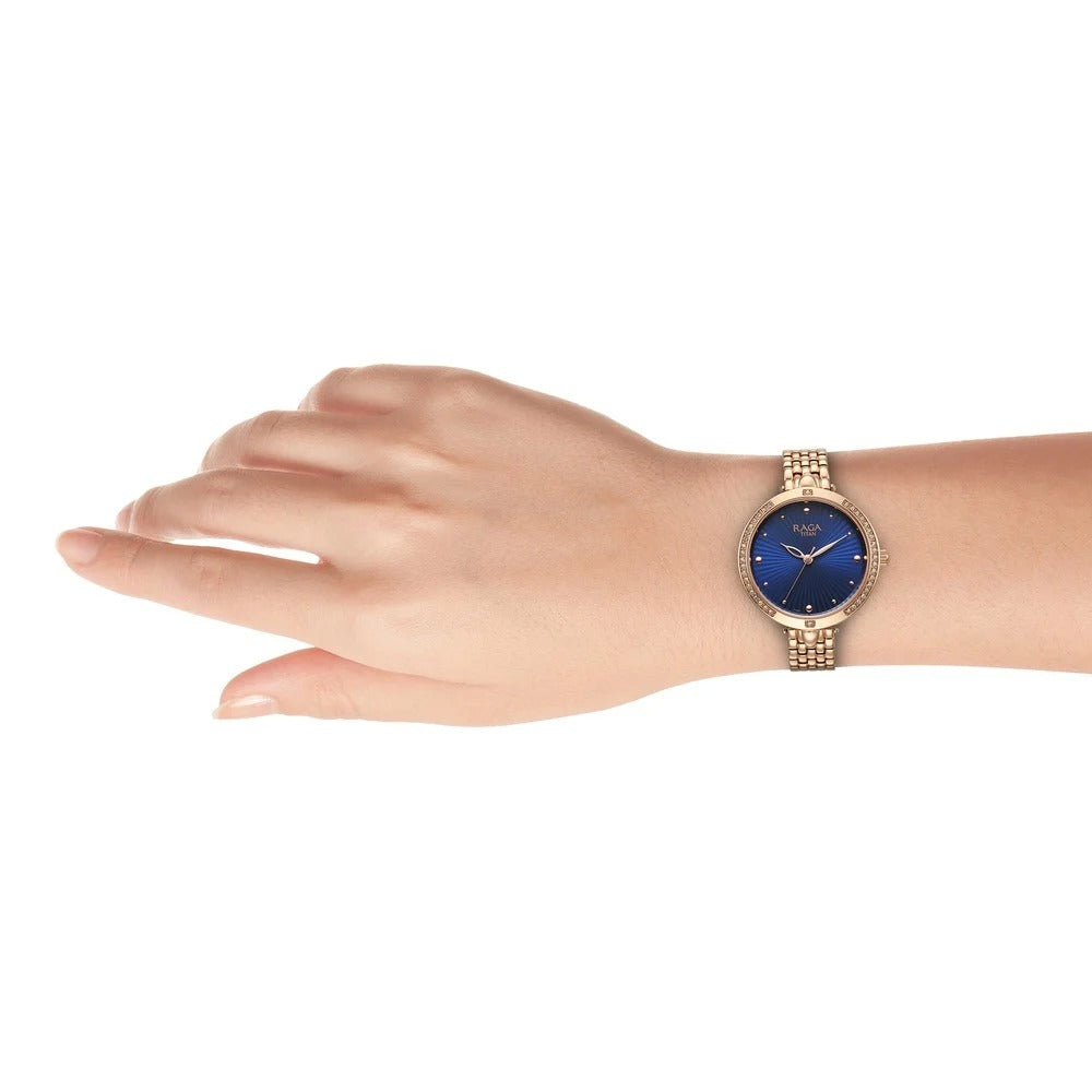 Titan Raga Showstopper Quartz Analog Blue Dial Rose Gold Metal Strap Watch For Women - NU95266WM01