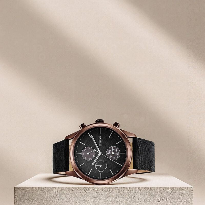 Titan Men's Infinity Chrono watch: Precise Blue Dial, Rose Gold Highlights, Durable Leather Strap - NU1805QP01