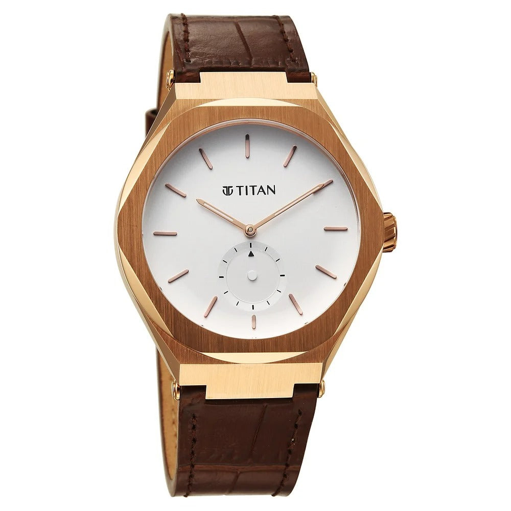 Titan Contour Analog with Small Second and White Dial Brown Leather Strap Watch for Men - NU90210WL01