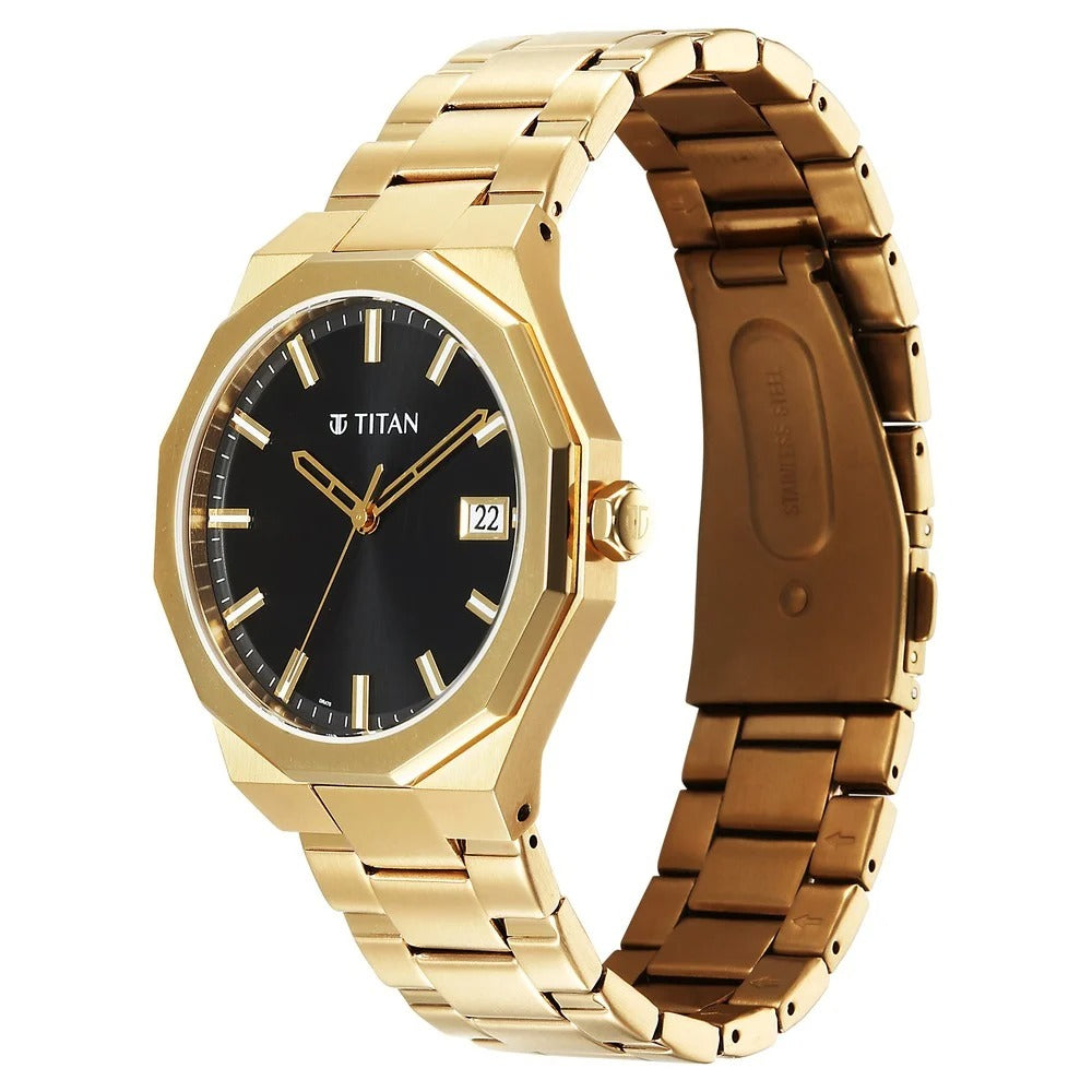 Titan Regalia Dodecagon Quartz Analog with Date Black Dial Golden Stainless Steel Strap Watch For Men - NU90212YM01
