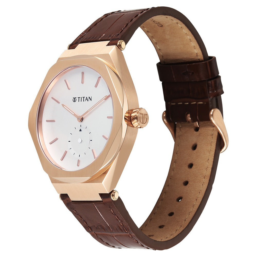 Titan Contour Analog with Small Second and White Dial Brown Leather Strap Watch for Men - NU90210WL01