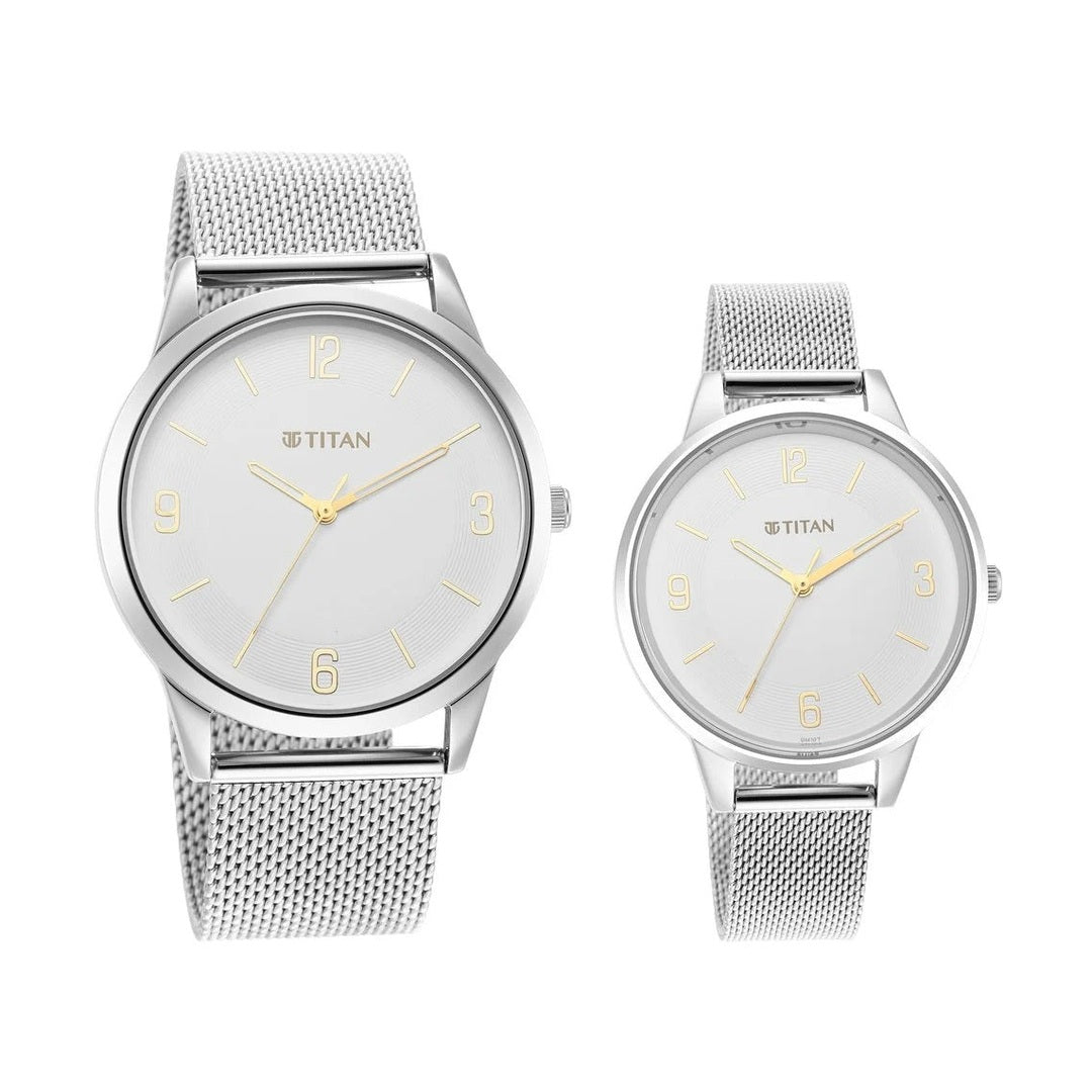 Titan Quartz Analog White Dial Stainless Steel Strap Watch for Couple - NU18062648SM01
