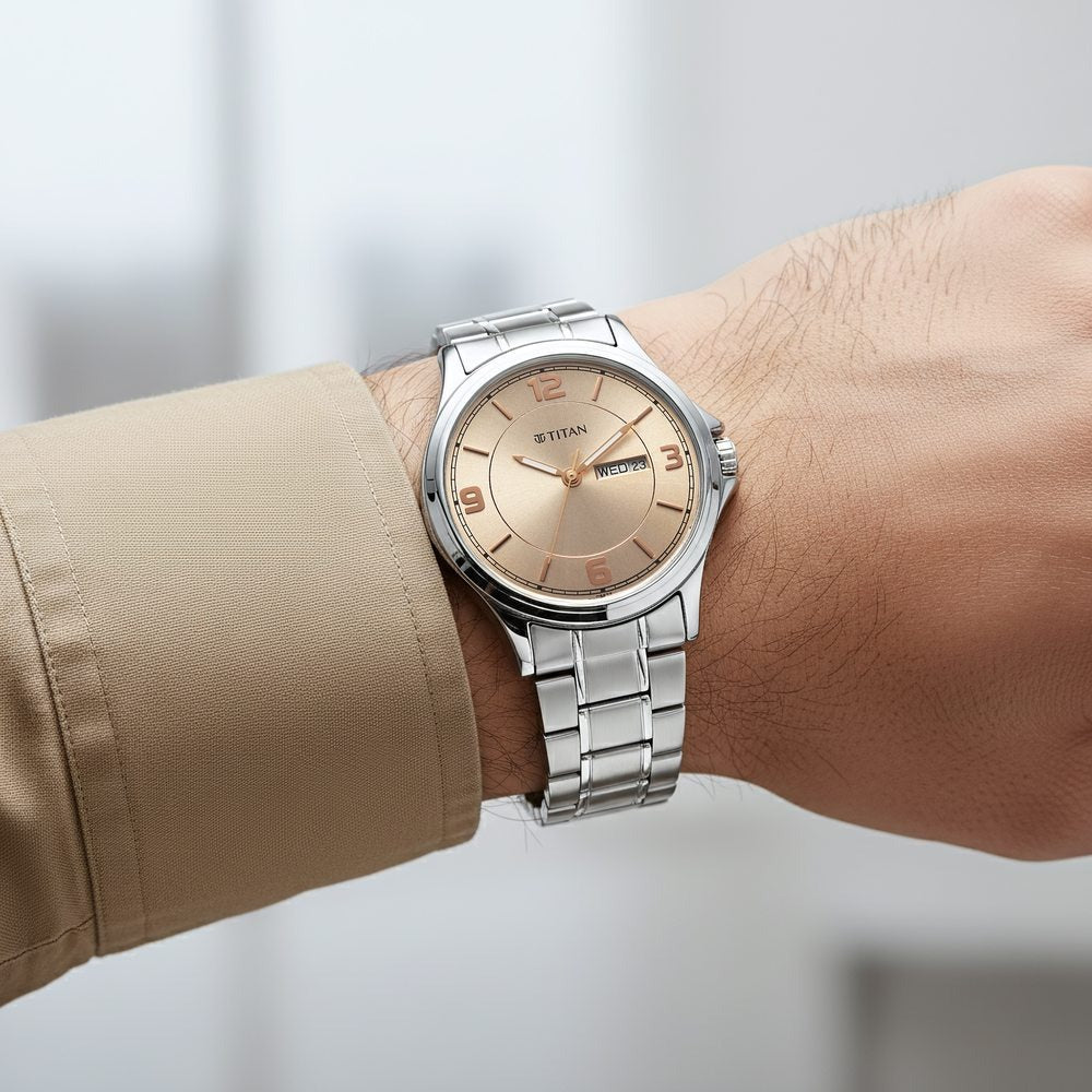 Titan Neo Arabic Analog with Day Date Beige Dial Silver Stainless Steel Strap Watch for Men - 1870SM06