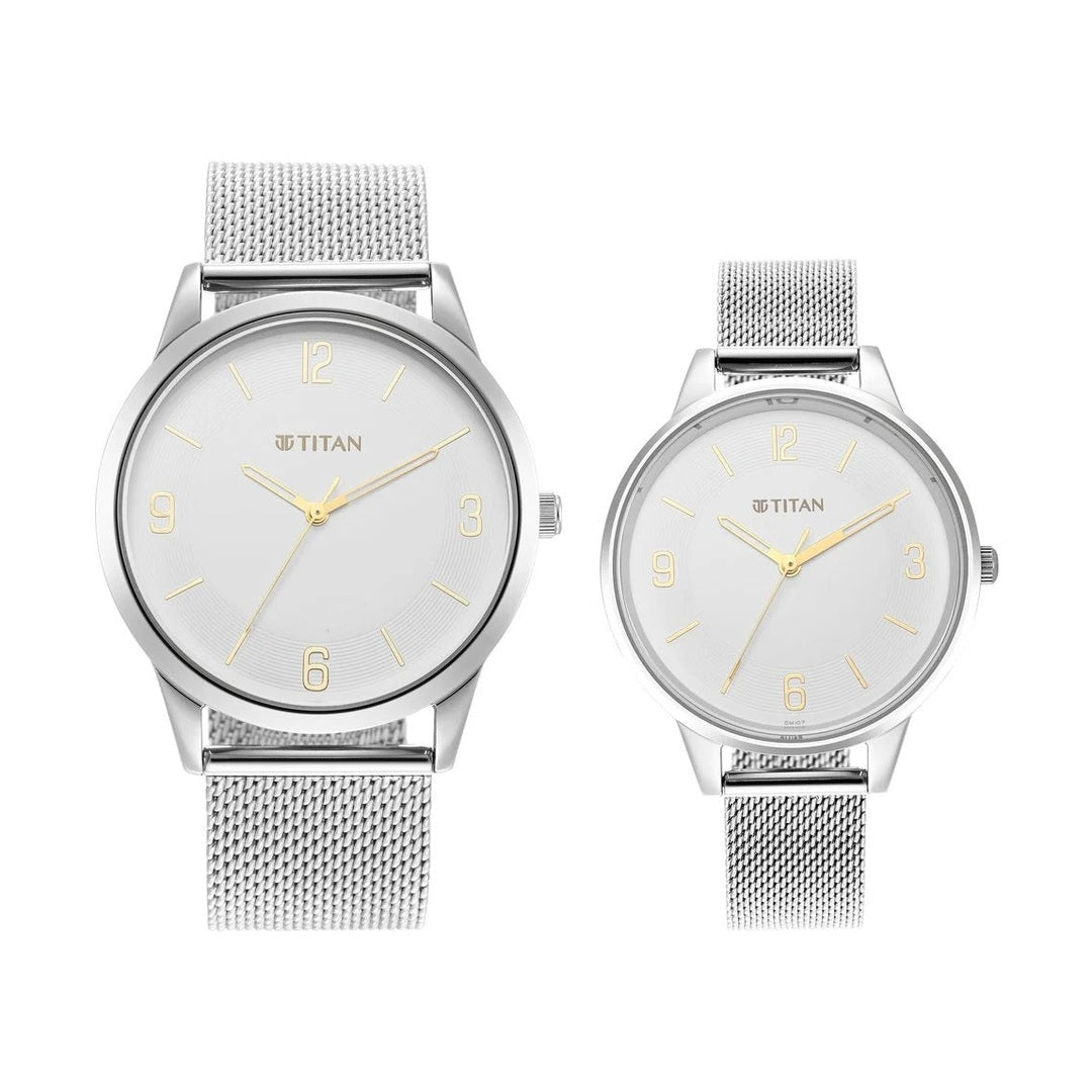 Titan Quartz Analog White Dial Stainless Steel Strap Watch for Couple - NU18062648SM01