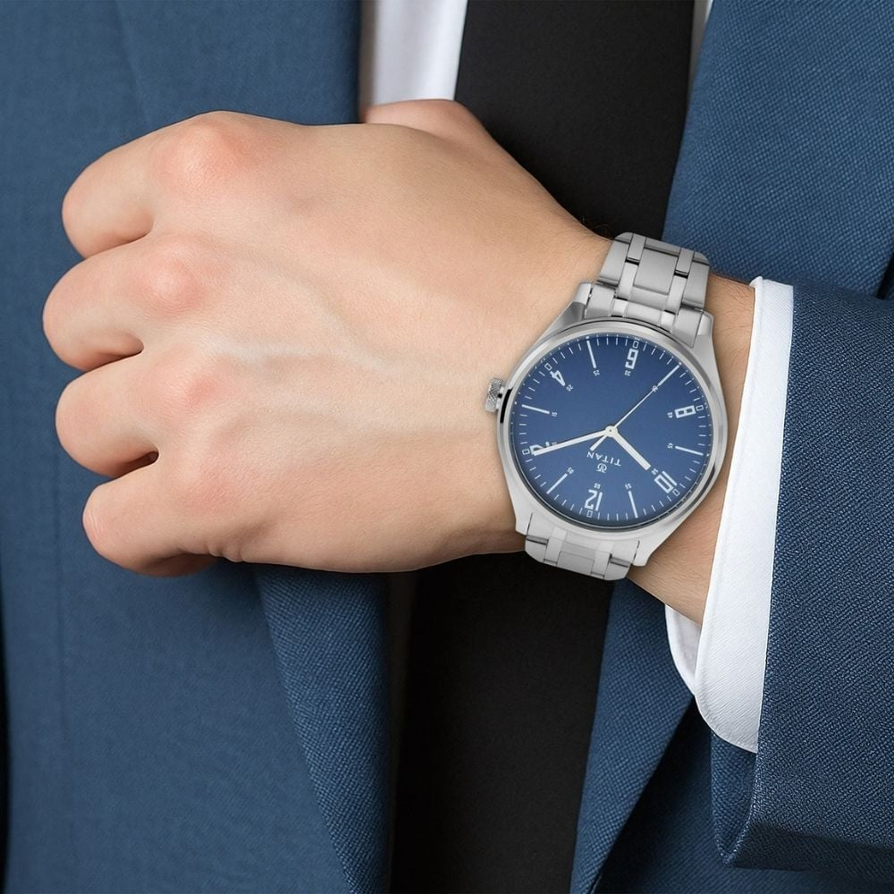 Titan Men's Minimalist Zen Watch: Sleek Metal Strap with Contrast Hands - NU1802SM02
