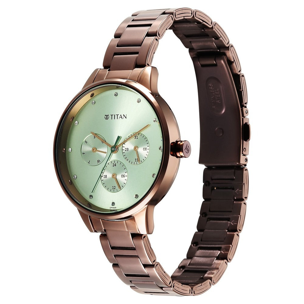 Titan Razzle Dazzle Quartz Analog with Day and Date Green Dial Brown Stainless Steel Strap Watch For Women - NU2648QM03