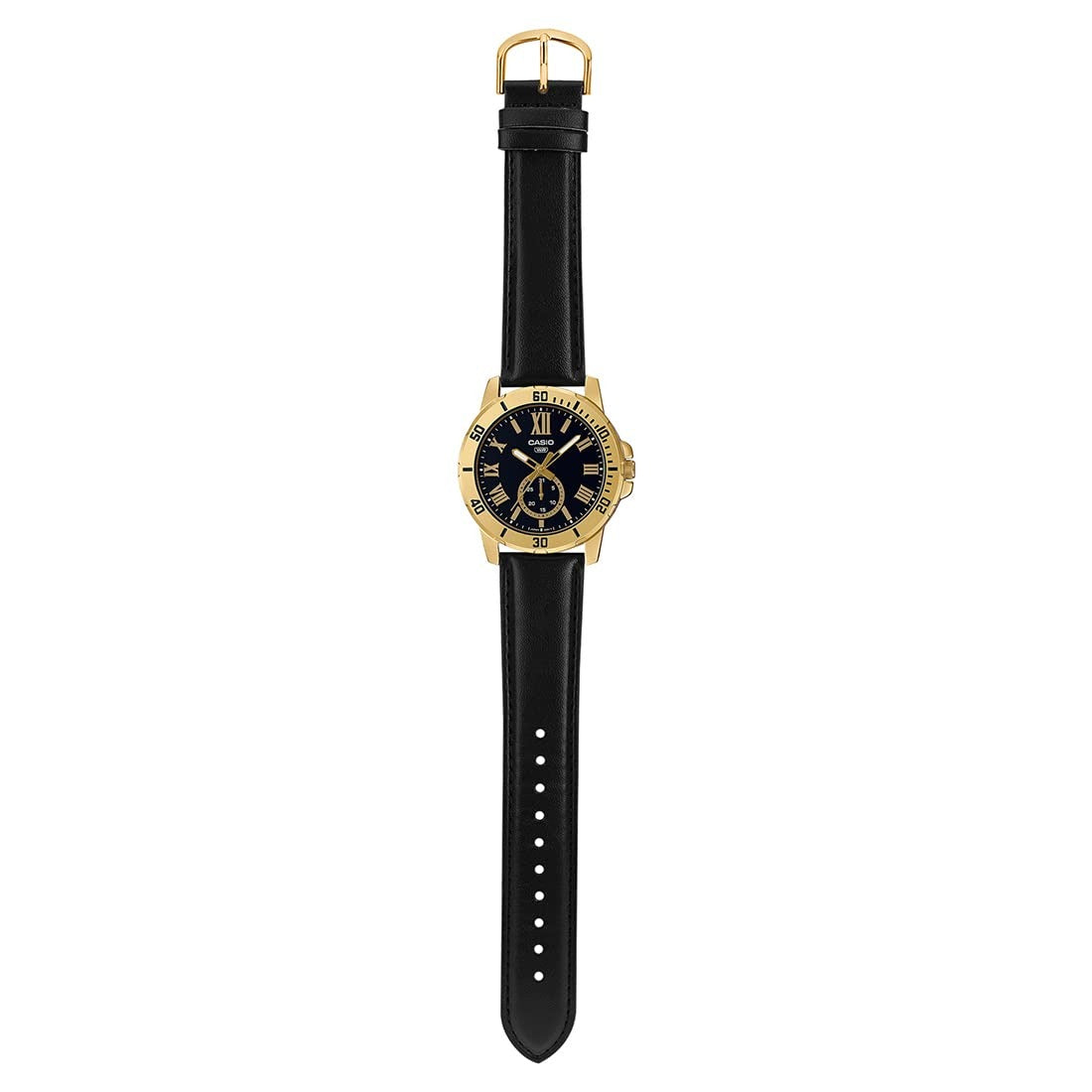 Casio Enticer Analog Black Dial Gold Stainless Steel Case Black Leather Strap Men's Watch MTP-VD200GL-1BUDF