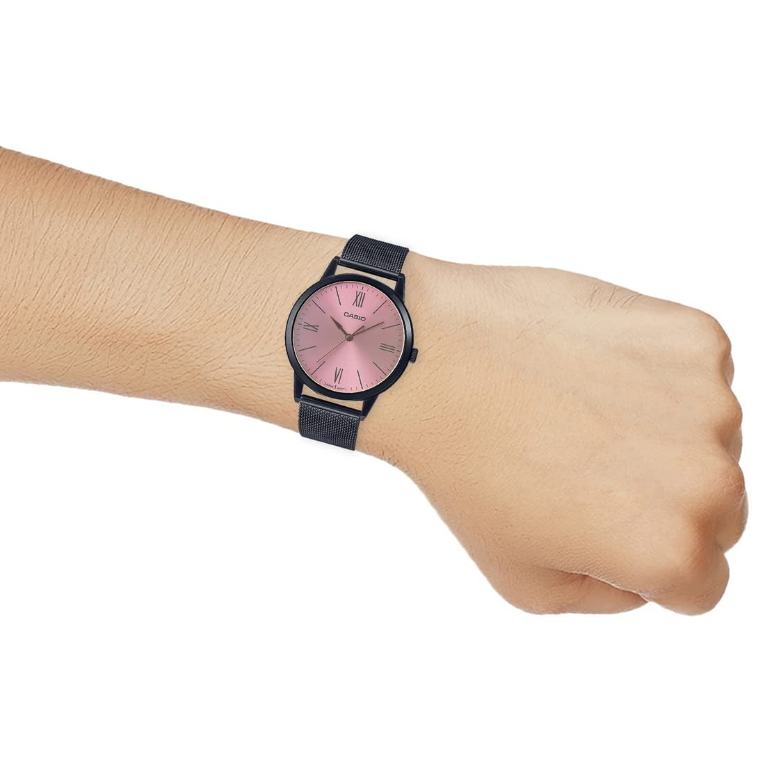 Casio Enticer Analog Pink Dial Black Stainless Steel Mesh Strap Men's Watch MTP-E600MB-4BDF