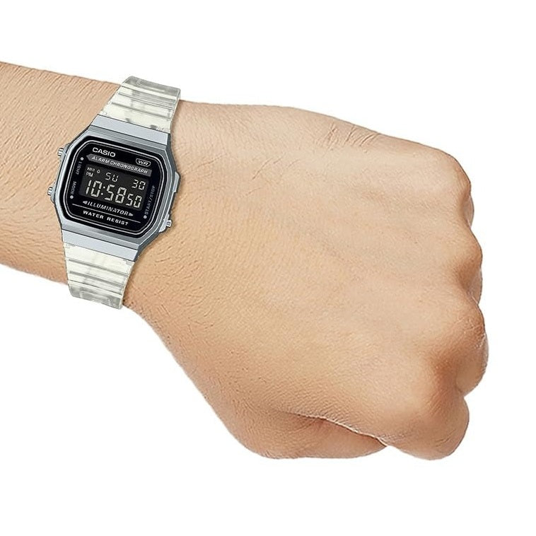 Casio Vintage Digital Black Dial Stainless Steel case Transparent Resin Strap Unisex Watch A168XES-1BDF