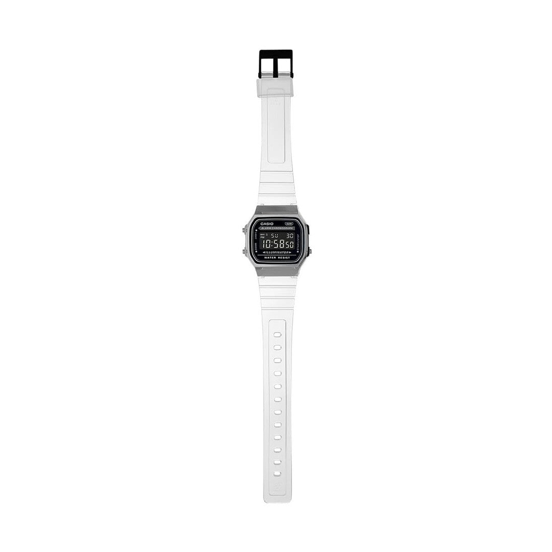Casio Vintage Digital Black Dial Stainless Steel case Transparent Resin Strap Unisex Watch A168XES-1BDF