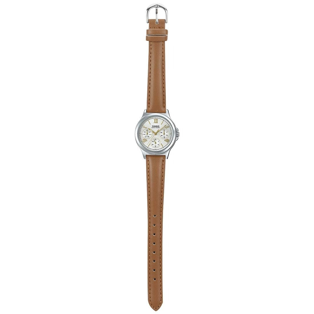 Casio Enticer Analog White Dial Stainless Steel Brown Leather strap Women's Watch LTP-V300L-7A2UDF
