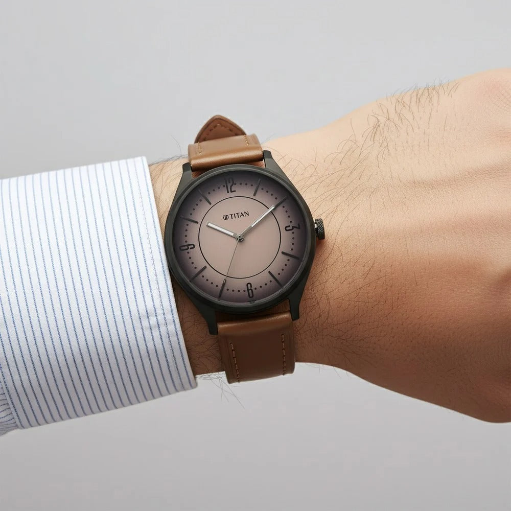 Titan Neo Basics Analog with Beige Dial Brown Leather Strap Watch for Men - 1802NL03