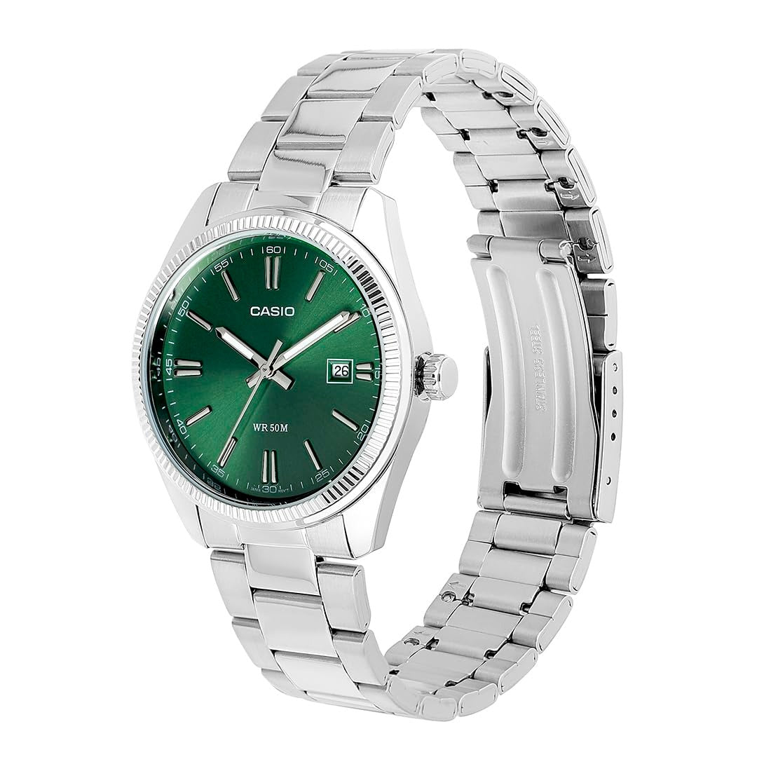 Casio Enticer Analog Green Dial Silver Stainless Steel Bracelet Men's Watch MTP-1302PD-3AVEF